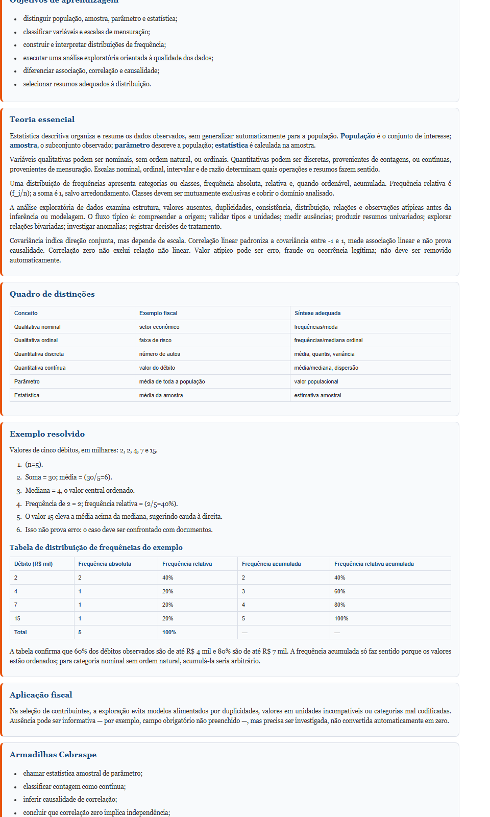 Página de exemplo de um tema do material, com teoria, quadro comparativo e exemplo resolvido
